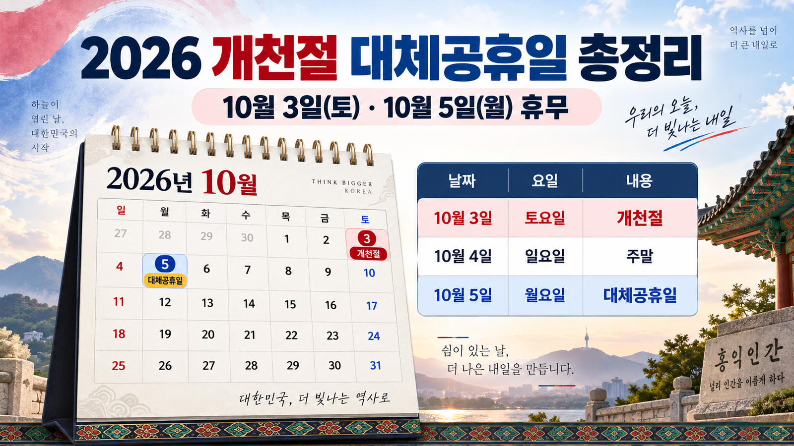 2026 개천절 대체공휴일은 언제? 10월 5일 월요일까지 3일 연휴